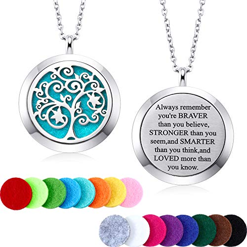 Product Cover Mtlee Aromatherapy Essential Oil Diffuser Necklace Locket Pendant Stainless Steel Perfume Necklace with 16 Refill Pads and 24 inch Adjustable Chain (Tree with Star)