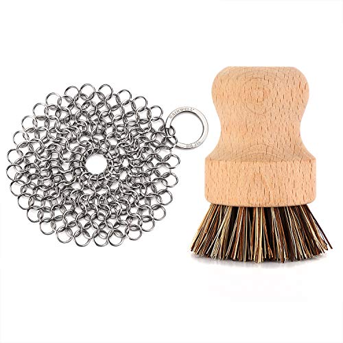 Product Cover GAINWELL Stainless Steel Chainmail Scrubber Set Cast Iron Cleaner 4in with Wood Scrub Cleaning Brushes