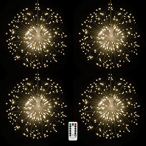 Product Cover 4 packs Firework Lights Copper Wire LED Lights, 8 Modes Dimmable String Fairy Lights with Remote Control, Waterproof Hanging Starburst Lights for Parties,Home,Christmas Outdoor Decoration