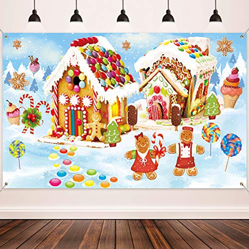 Product Cover Christmas Holiday Decorations Supplies, Large Fabric Sweet Holiday Scene Banner Winter Wonderland Gingerbread Backdrop for Christmas Wall Decorations Party Photo Booth Props Background Banner