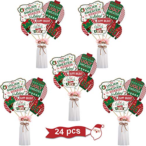 Product Cover 24 Pieces Holiday and Christmas Sign Cutouts Ugly Sweater Party Theme Supplies Ugly Sweater Decorations Centerpiece Sticks Table Cake Toppers Photo Booth Props with 6 Style Design
