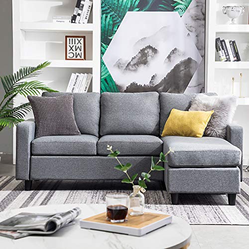 Product Cover HONBAY Convertible Sectional Sofa Couch Modern Linen Fabric L-Shape Couch for Small Space Grey (Grey)