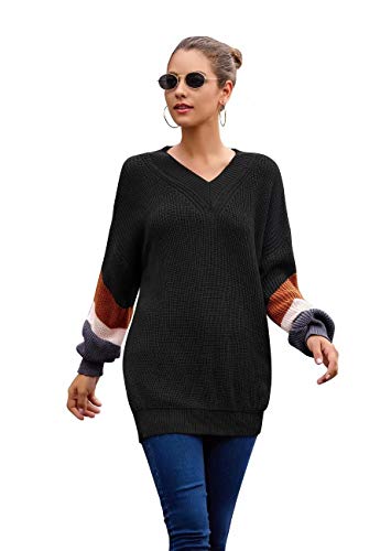 Product Cover Women's-V Neck-Pullover-Sweater Lantern Long Sleeve Loose-Knitted-Sweater Tops