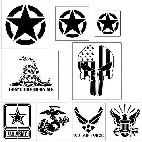 Product Cover US Military Flag Stencil Templates - 9 Pack US Army Star, Navy, Army, Air Force, Marine Corps, Punisher Skull, Don't Tread On Me Gadsden Flag Stencils, Large Reusable Stencils for Painting on Wood