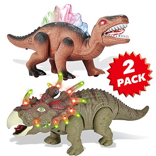 Product Cover 2 Pack Electronic Walking Dinosaur Toy with LED Light Up Eyes, Roaring Sound, Realistic Triceratops and Dimetrodon, Dinosaur Party Favors, Dinosaur Toy for Kids Boys Girls Ages 3 4 5 6 7 Year Old