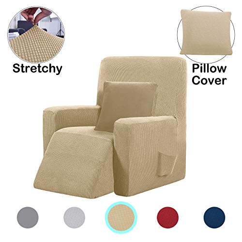Product Cover Lumibee Stretchable Recliner Slipcover 1-Piece with 1 Pillow Cover Chair Sofa Cover Furniture Protector Couch Soft with Elastic Bottom Anti-Slip Foam, Spandex Jacquard Fabric (Khaki, 1 Seater)
