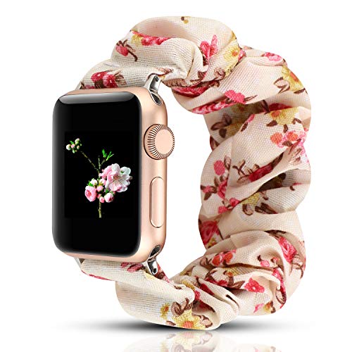 Product Cover WONMILLE Scrunchie Elastic Watch Band Compatible with Apple Watch Band 42mm 44mm, Women Girls Cloth Elastics Hair Wristbands Replacement for iWatch Series 1 2 3 4 5 (Flower, 42mm/44mm)