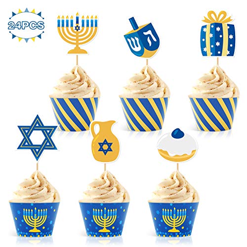 Product Cover Hanukkah Cupcake Toppers and Wrappers for Hanukkah Party Decorations Chanukkah Theme Party Supplies