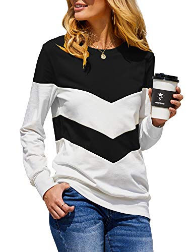 Product Cover Bigyonger Womens Color Block Shirt Long Sleeve Stripe Patchwork Lightweight Pullover Tops