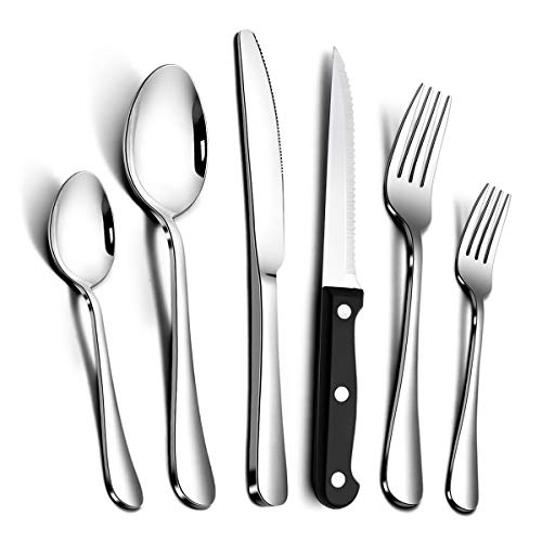 Product Cover Teivio 24-Piece Silverware Set, Flatware Set Mirror Polished, Dishwasher Safe Service for 4, Include Steak Knife/Fork/Spoon