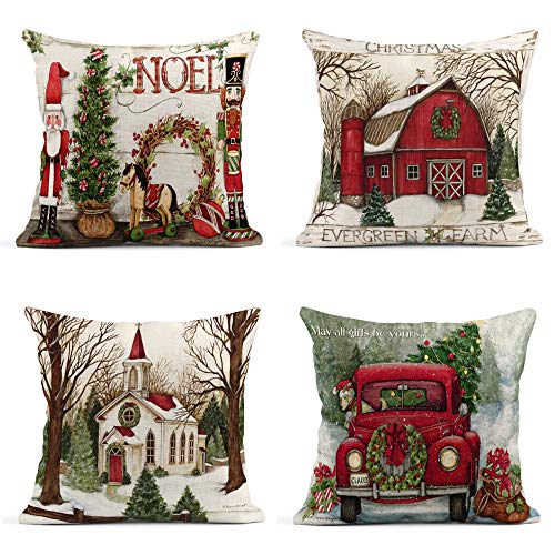 Product Cover ArtSocket Set of 4 Throw Pillow Covers Christmas Tree with Red Car and Xmas Snow Winter The Decor Linen Pillow Cases Home Decorative Square 18x18 Inches Pillowcases