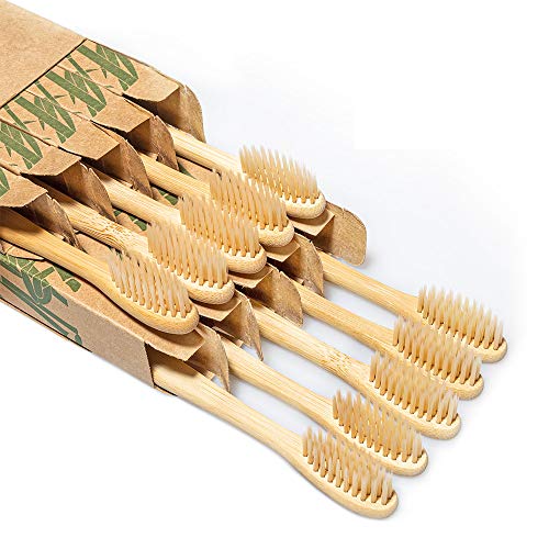 Product Cover Biodegradable Reusable Bamboo Toothbrushes, LMVH Wooden Toothbrushes Organic Natural Eco-Friendly BPA Free Bristles - 10 Pack