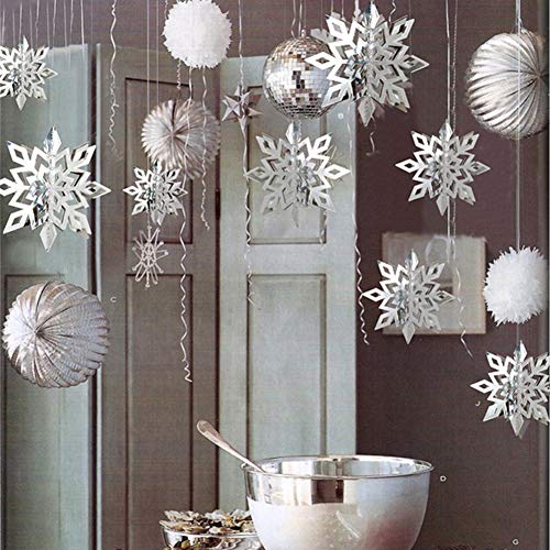 Product Cover 24Pcs Snowflake Christmas Hanging Party Decor Supplies,12PCS 3D Silver Snowflakes & 12PCS 3D White Paper Snowflakes Hanging Garland for Christmas Winter Holiday New Year Wonderland Party Home Decoration