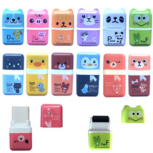 Product Cover 12 PCS Cute Pencil Erasers,Animal Pencil Eraser Shaving Roller Case for Easy Pick Up and Removal,Animal Themed Fun Party Favor and School Supplies for Kids,Christmas stocking filled gift