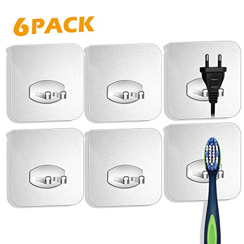 Product Cover 6 packs adhesive Toothbrush Holder Wall Mounted -Wall Hooks 13lb(Max)，Waterproof and Oil Proof，Transparent Seamless Reusable，Power Plug Socket Holder,Home Office Bathroom Wall Hanger for Keys，Phone