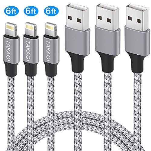 Product Cover iPhone Charger, TAKAGI Lightning Cable 3PACK 6Ft Nylon Braided USB Charging Cable High Speed Data Sync Transfer Cord Compatible with iPhone 11/11 Pro Max/XS MAX/XR/XS/X/8/7/Plus/6S/iPad(Silver Gray)