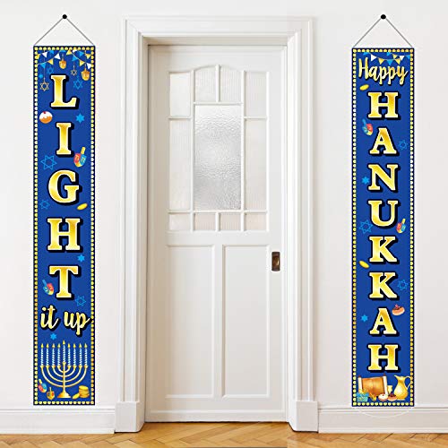 Product Cover Happy Hanukkah Banner Hanukkah & Chanukah Decorations Porch Hanging Blue Welcome Sign for Home Holiday Party Outdoor Decor