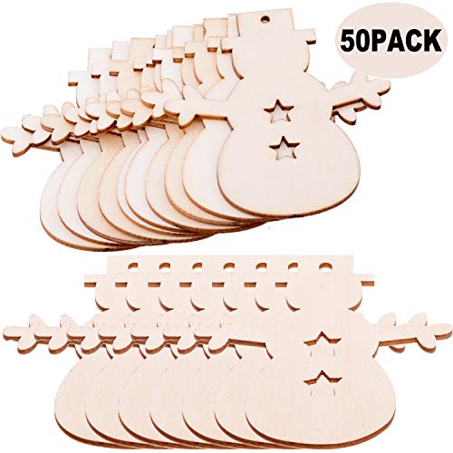 Product Cover Pack of 50 Wooden Crafts to Paint Christmas Tree Hanging Ornaments Unfinished Wood Cutouts Christmas Decoration DIY Crafts (Wooden Snowman Cutouts)