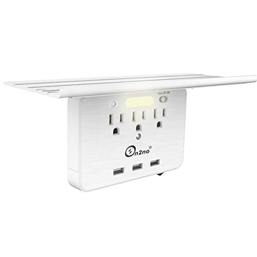 Product Cover Socket Shelf - ON2NO Wall Outlet Shelf, Extra-Large Shelf with 3 Electrical Outlet, 3 USB Ports and Smart Night Light, Cable Holder and Headphone Hanger