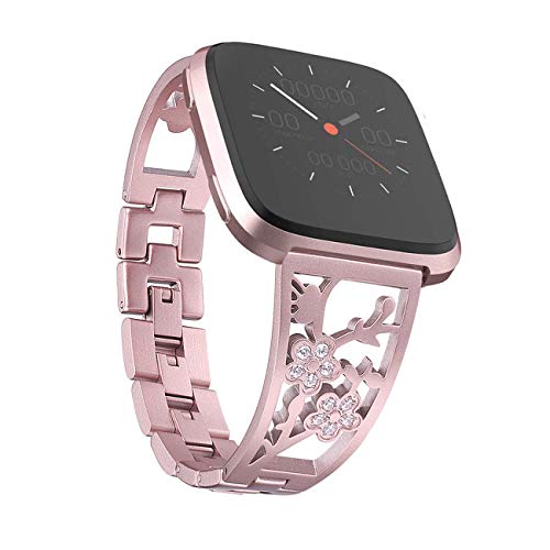 Product Cover Mtozon Stainless Steel Bands Compatible with Fitbit Versa 2/Versa Lite/Versa for Women, Luxurious Bling Bracelet with Rhinestone Metal Wristbands, Silver Rose Gold Black