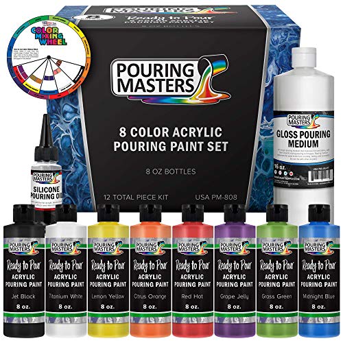 Product Cover Pouring Masters 8-Color Ready to Pour Acrylic Pouring Paint Set - Premium Pre-Mixed High Flow 8-Ounce Bottles - for Canvas, Wood, Paper, Crafts, Tile, Rocks and More