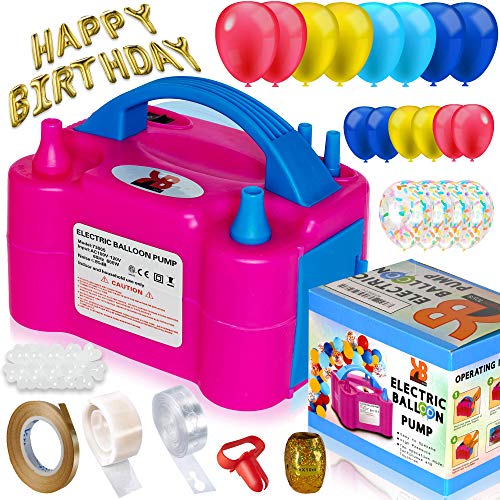 Product Cover Balloon Pump Kit, Electric Balloon Air Pump, Balloon Inflator Pump Electric 110V 600W Portable Dual Nozzles Ballon Pump with 80 Balloons, Tying Tool, 10 Flower Clips, Tape Strip, Colored Ribbon and Dot Glues, Birthday Party Balloons