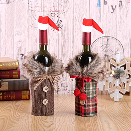 Product Cover 2 Pieces of Christmas Hat Sweater Bottle Cover Unique Clothes Button and Fur Collar Design Christmas Party Table Family Wedding Decoration Christmas Gift Packaging