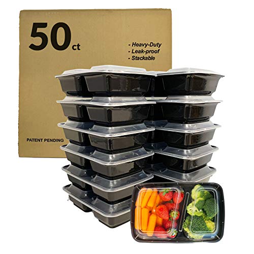 Product Cover Reli. Meal Prep Containers, 30 oz. (50 Pack) - Black 2 Compartment Food Containers with Lids, Microwavable Food Storage Containers - Black Reusable Bento Box/Lunch Box Containers for Meal Prep (30 oz)