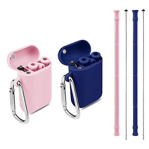 Product Cover Reusable Silicone Collapsible Straws - 2 Pack Food-Grade Portable Drinking Silicone Foldable Straws with Carrying Case and Cleaning Brush, BPA Free - Blue and Pink