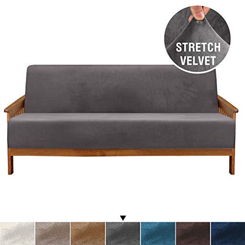 Product Cover H.VERSAILTEX Real Velvet Plush 1 Piece Futon Sofa Bed Cover Stretch Sofa Slipcover Armless Sofa Cover Furniture Protector with Elastic Bottom Form Fitted Skid Resistance Washable, Futon, Grey