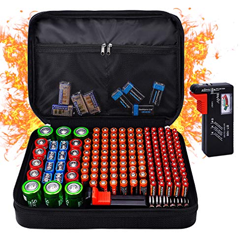 Product Cover Fireproof Battery Organizer Storage Box Waterproof Explosionproof, Hard Safe Box Fits 200 Batteries Case - with Tester BT-168, Carrying Container Bag Energy Batteries AA AAA C D 9V Iithium 3V Holder
