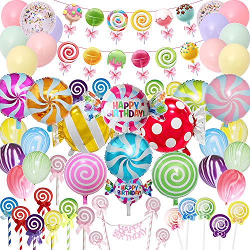 Product Cover Candyland Party Supplies Set - 64pcs,Candy Party Decorations with Lollipop Banner,Sweet Candy Balloons,Candy Cake Toppers,Latex Balloons for Girls,kids,Candyland Party,Lollipop Party,Birthday
