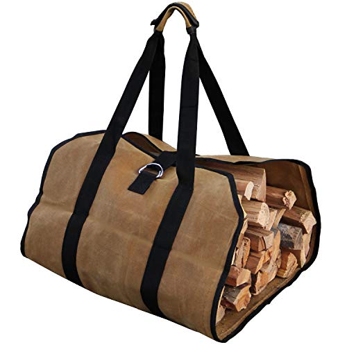 Product Cover Lulu Home Firewood Carrier Bag, Log Carrier Bag for Firewood, Waxed Canvas Tote Bag with Padded Handles for Outdoor and Camping
