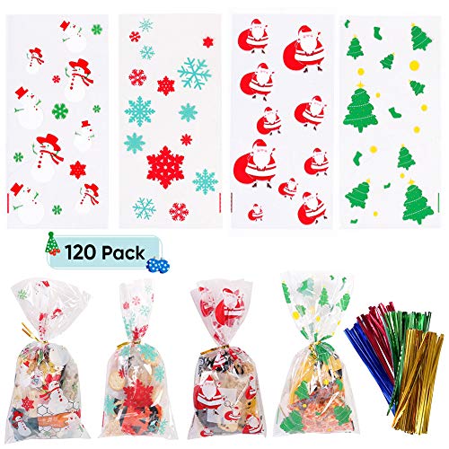 Product Cover 120 Pack Christmas Cellophane Bags Christmas Treat Bags with Twist Ties for Cookie Candy Christmas Party Supplies