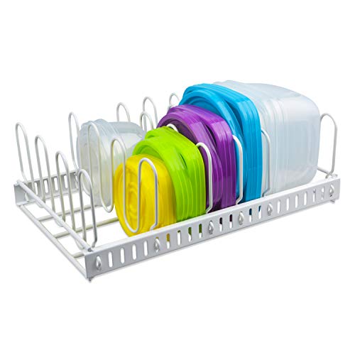 Product Cover Update White Food Container Lid Organizer&Adjustable Metal Lid Holder Rack 6 Dividers Storage Container Lid organizer for Cabinets, Cupboards, Pantry Shelves, Drawers to Keep Kitchen Tidy