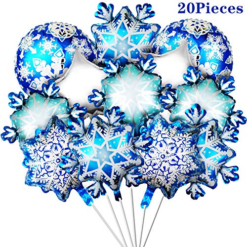 Product Cover 20 Pieces Winter Theme Balloons Snowflake Foil Balloons Shining Star Aluminum Balloons for Baby Shower Birthday Winter Home Party Decoration