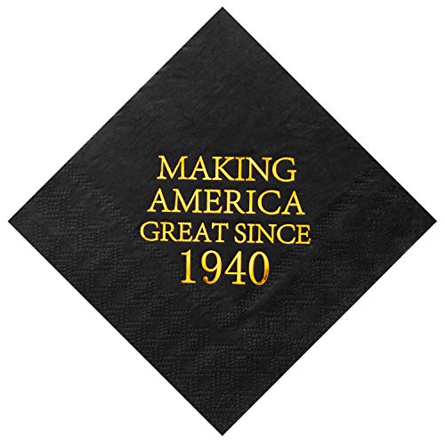 Product Cover Crisky 80th Birthday Napkins Black and Gold Dessert Beverage Cocktail Cake Napkins 80th Birthday Decorations Party Supplies, Making America Great Since 1940, 50 Count, 3-Ply