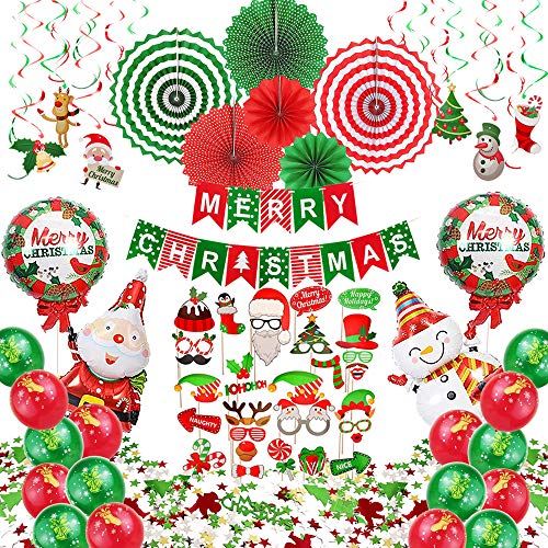 Product Cover Christmas Party Decorations Supplies, 74 pcs Xmas Decorations Set - Including Paper Fans, Hanging Swirls, Photo Booth Props, Balloons, Confetti and Banner