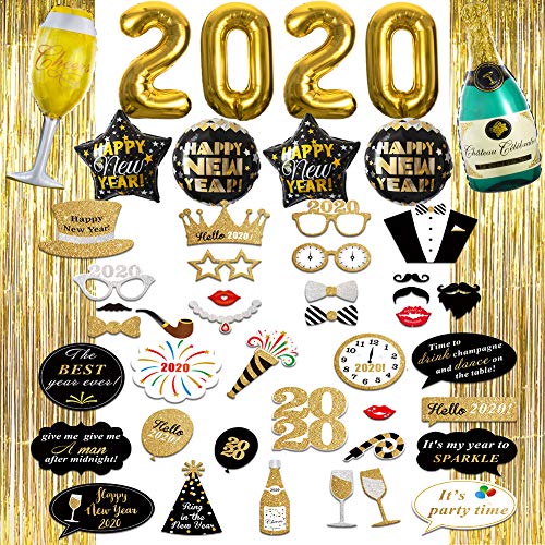 Product Cover New Years Eve Party Supplies 2020, Foil Balloon Decorations Set, Photo Booth Props, Tinsel Foil Fringe Curtains for Party Photo Backdrop