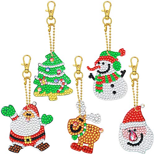 Product Cover 5 Pieces Christmas DIY Diamond Key Chain 5D Painting Round Drill Key Chain Christmas Crystal Rhinestone Art Crafts Decor