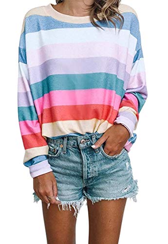 Product Cover Women Long Sleeve Tops - Oversized Rainbow Striped Tunics Blouses T Shirt Pullover Sweatshirt