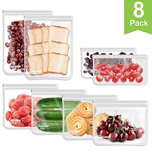Product Cover Reusable Food Storage Bags 8 Pack, Extra Thick Leakproof PEVA Ziplock Freezer Bags, BPA Free Lunch Snack Sandwich Bags (Clear, PEVA)