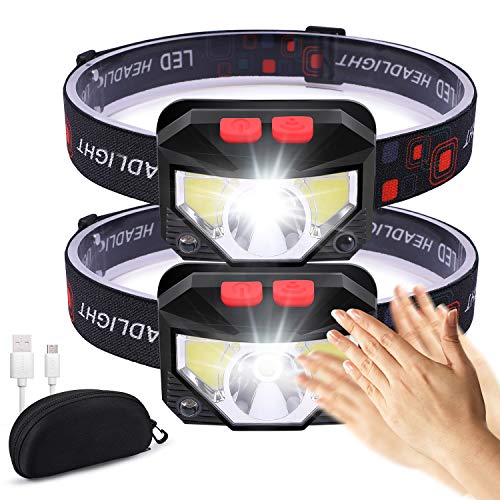 Product Cover Headlamp Flashlight- 800 Lumens Ultra Bright Motion Sensor LED Rechargeable Headlamp, USB Rechargeable Headlight with 8 Lighting Modes - Running Camping Head Lamp with Portable Storage Case(2 Pack)