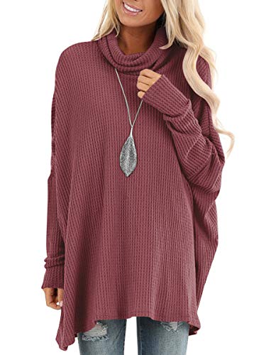 Product Cover MILLCHIC Women's Turtle Cowl Neck Long Batwing Sleeve Waffle Knit Oversized Pullover Sweater Tunic Tops
