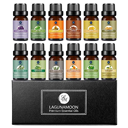 Product Cover Lagunamoon Essential Oils Set, Aromatherapy Oils Set Includes Lavender, Peppermint, Lemongrass, Orange, Rosemary Bergamot, Frankincense, Lemon, Rosemary, Cinnamon, and Ylang-Ylang - Pack of 12, 10ml