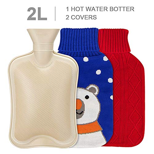 Product Cover Hot Water Bottle with Knit Cover - Natural Rubber Hot Water Bag BPA Free Durable with Two Replaceable Knit Cover Great for Pain Relief Keep Warm Hot and Cold Therapy(2 Liter)