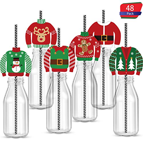 Product Cover 48 Pieces Christmas Drinking Straw Decorations Set, Ugly Sweater Paper Straw Striped Decorative, Holiday and Christmas Party Striped Straw Decorative for Cups, Party Favors and Cupcake Toppers