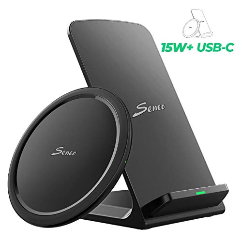 Product Cover [2 Pack] 15W Wireless Charger, Seneo Type-C Fast Charging Pad and Stand, Fast Charging for Iphone 11 Pro Max/XS Max/XR/X/8P/New Airpods, Galaxy Note10/9/S10/S9, LG V30/V40, (No AC Adapter)