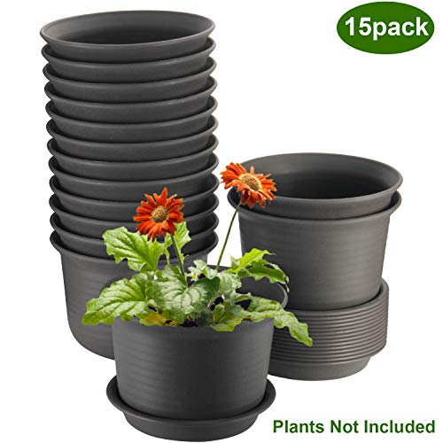 Product Cover Plant Pots Indoor, ZOUTOG 6 inch Plastic Planters with Drainage Hole and Tray, Pack of 15 - Plants Not Included, Brown