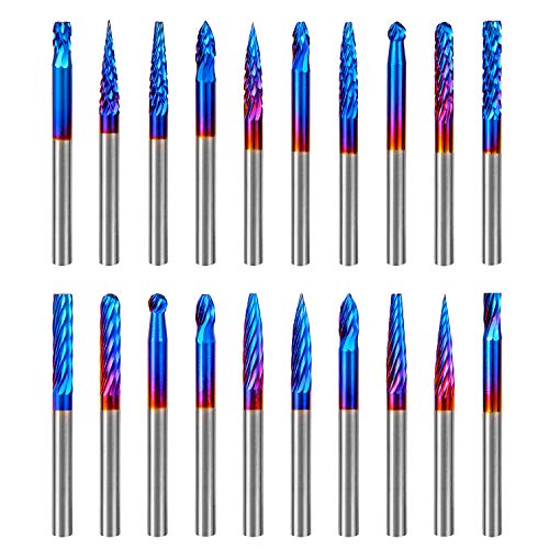 Product Cover Hakkin 20 Pcs End Mill CNC Router Bit 1/8 inch Shank Nano Coating Rotary Burs Set Double Cut Tungsten Carbide File Carving Grinding Bit for Die Grinder